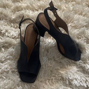 Bernardo Dark navy blue open toe block heels
